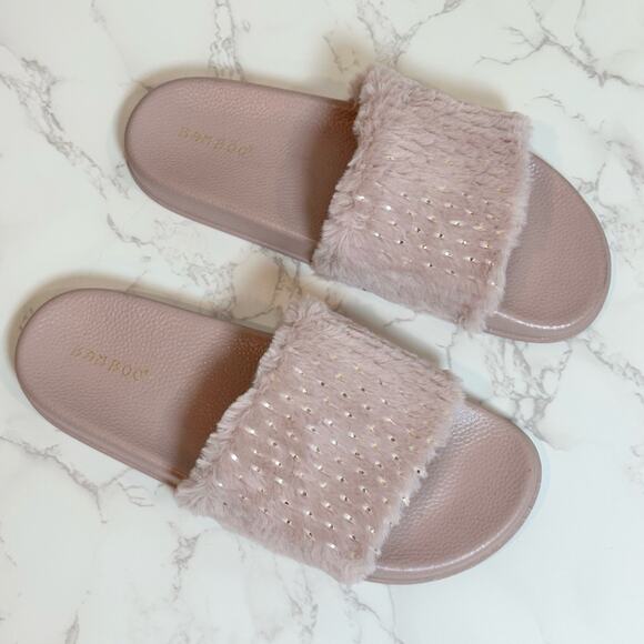 Bamboo Mauve Soft Fur Fuzzy Slides Metallic SZ 10 $20 - Picture 7 of 11